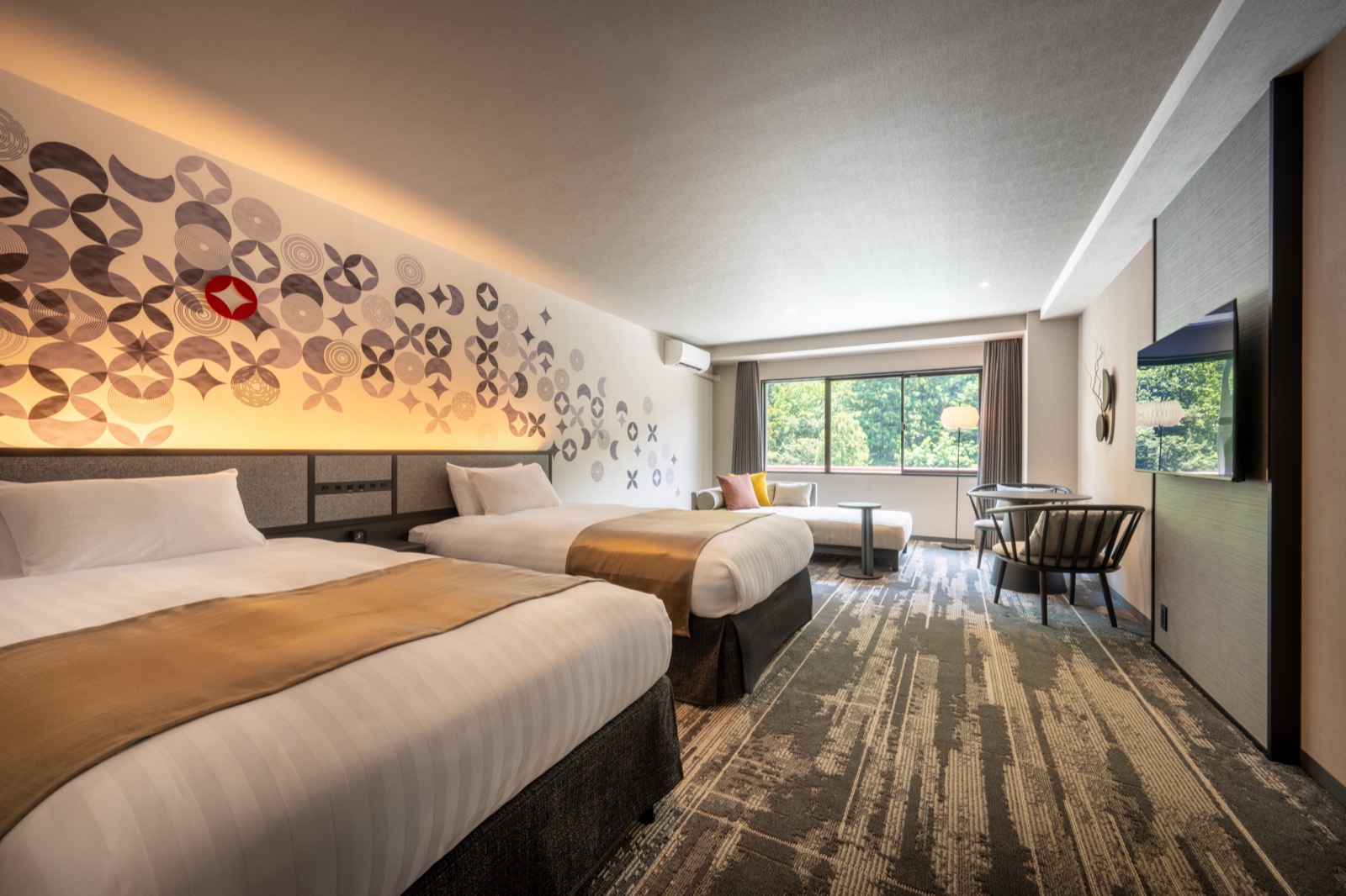Guest room interior with garden views
